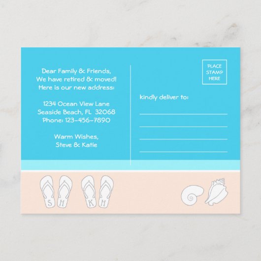 Modern strand & leuke Teenslippers Nieuw adres ver Aankondigingskaart (Achterkant)