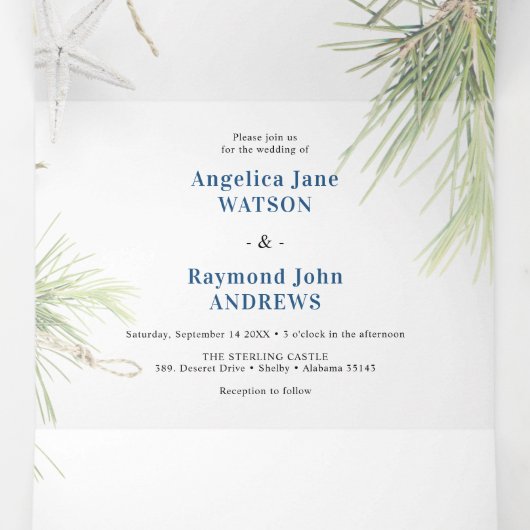 Modern strand thema bruiloft drieluik uitnodiging (Binnenkant midden)