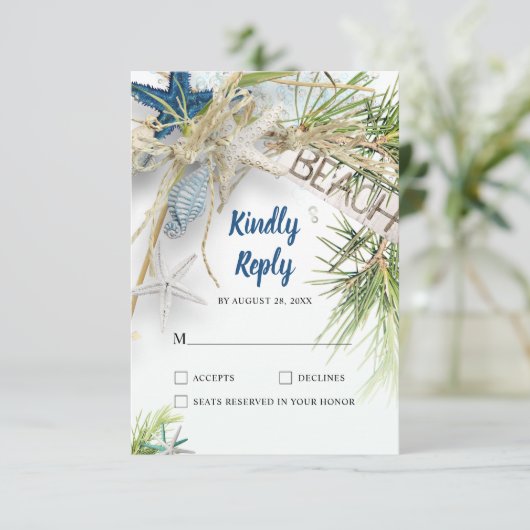 Modern strand thema bruiloft RSVP kaartje (Staand voorkant)