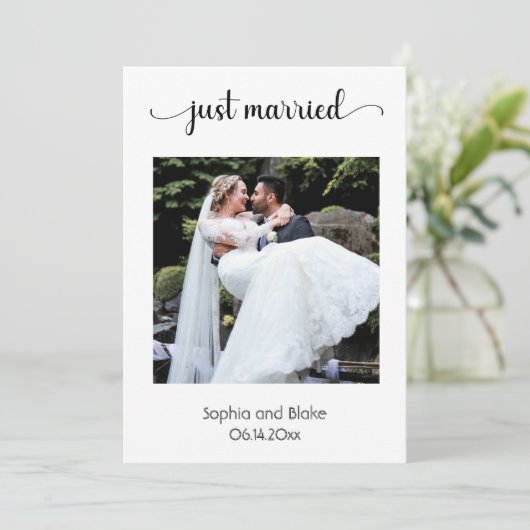 Modern strand wit/blauw foto bruiloft aankondiging (Staand voorkant)