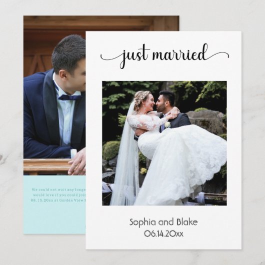 Modern strand wit/blauw foto bruiloft aankondiging (Voorkant / Achterkant)