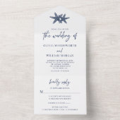 Modern strand zeesterren bruiloft marine blauw all in one uitnodiging (Binnen)