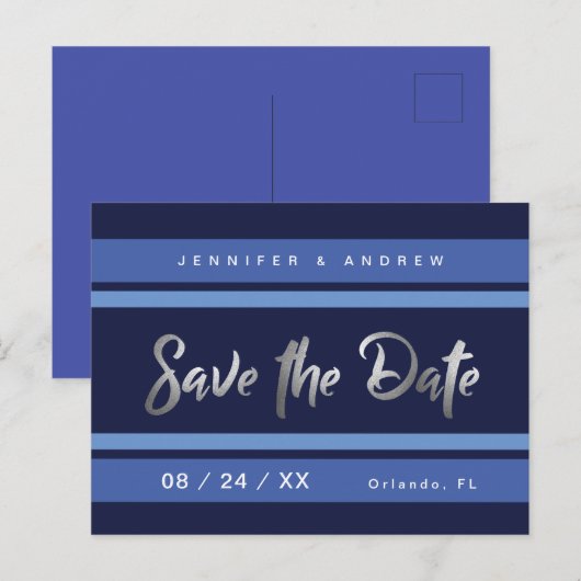 Modern streep blauw zilver-effect Sla de datum op Briefkaart (Voorkant / Achterkant)