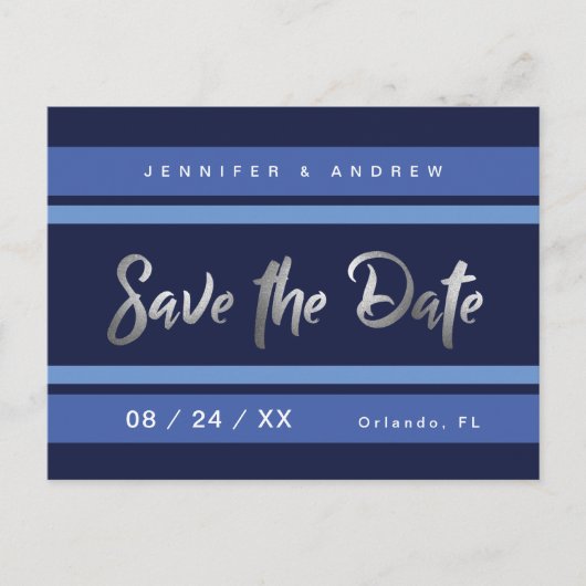 Modern streep blauw zilver-effect Sla de datum op Briefkaart (Voorkant)