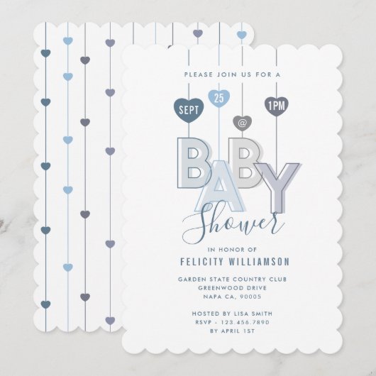 Modern String Blue Baby Letters Harten Baby shower Kaart (Voorkant / Achterkant)