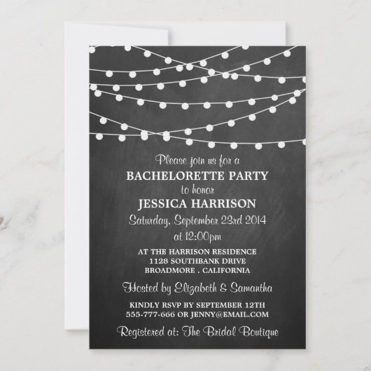 Modern String Lights Chalkboard Bachelorette Party Kaart (Voorkant)