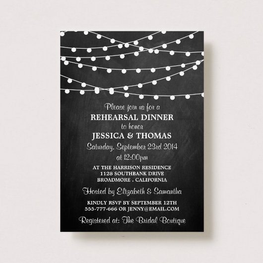 Modern String Lights Chalkboard Rehearsal Dinner Kaart