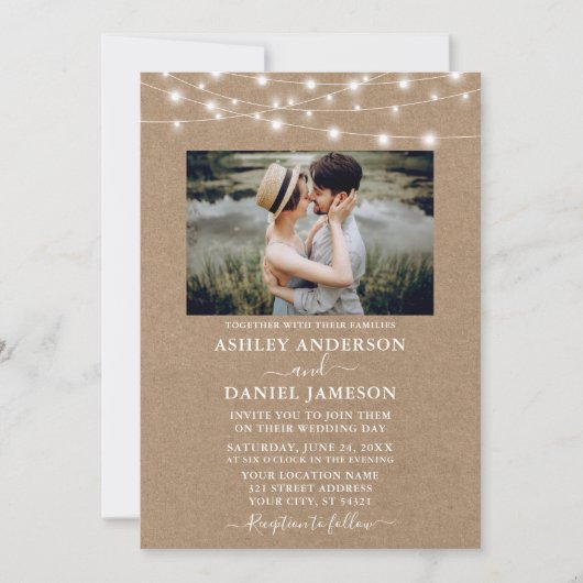 Modern String Lights Foto Kraft Wedding Kaart (Voorkant)