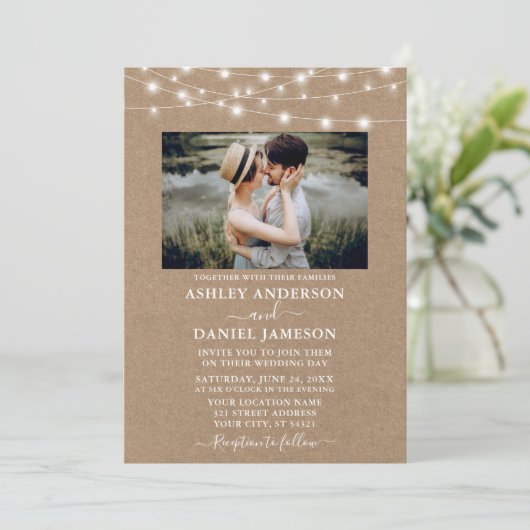 Modern String Lights Foto Kraft Wedding Kaart (Staand voorkant)