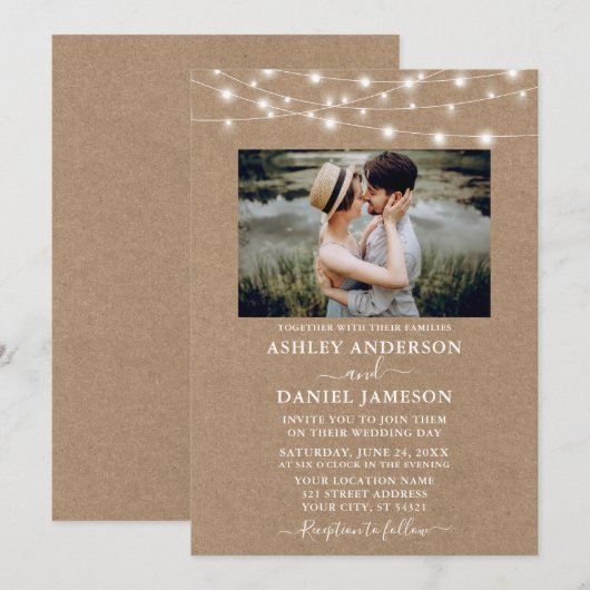 Modern String Lights Foto Kraft Wedding Kaart (Voorkant / Achterkant)