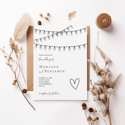 Modern String Lights Minimalist Wedding Invitation Kaart