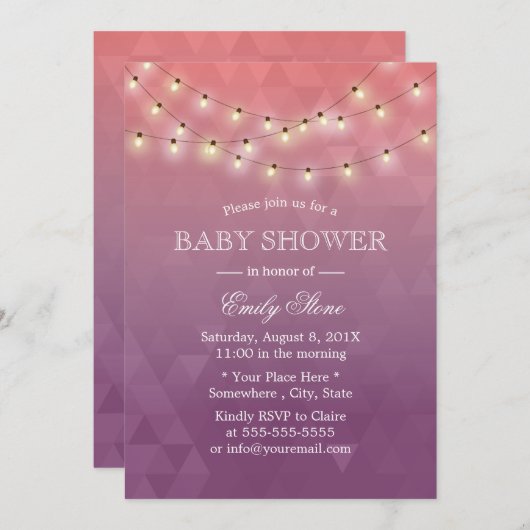 Modern String Lights Paars Baby shower Kaart (Voorkant / Achterkant)