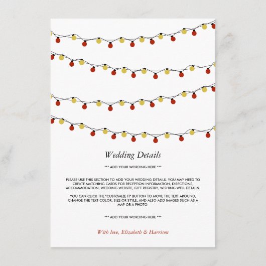Modern String Lights, Red & Gold Wedding Detail Informatiekaartje (Voorkant)