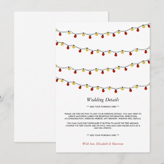 Modern String Lights, Red & Gold Wedding Detail Informatiekaartje (Voorkant / Achterkant)