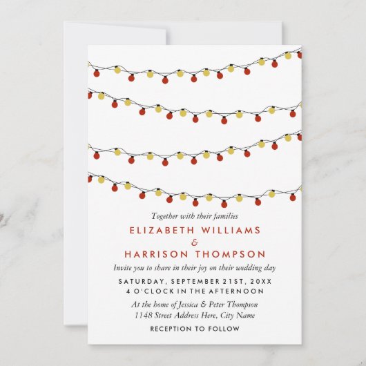 Modern String Lights, Red & Gold Wedding Kaart (Voorkant)