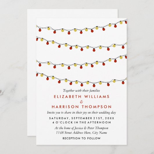 Modern String Lights, Red & Gold Wedding Kaart (Voorkant / Achterkant)