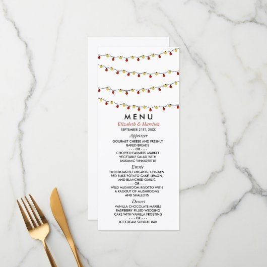 Modern String Lights, Red & Gold Wedding Menu (Voorkant / Achterkant in situ)