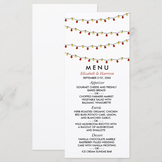 Modern String Lights, Red & Gold Wedding Menu (Voorkant / Achterkant)