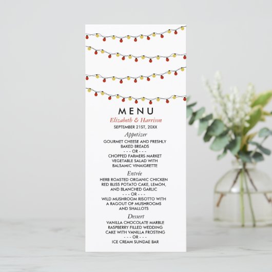 Modern String Lights, Red & Gold Wedding Menu (Staand voorkant)