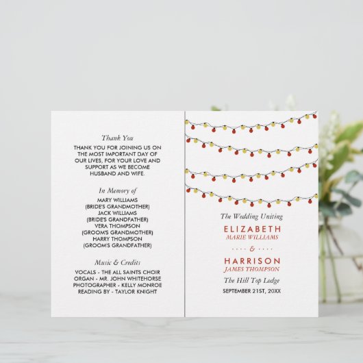 Modern String Lights, Red & Gold Wedding Program (Staand voorkant)