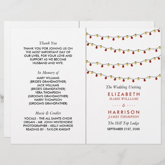 Modern String Lights, Red & Gold Wedding Program (Voorkant / Achterkant)