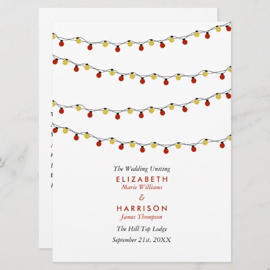 Modern String Lights, Red & Gold Wedding Programmakaart (Voorkant / Achterkant)