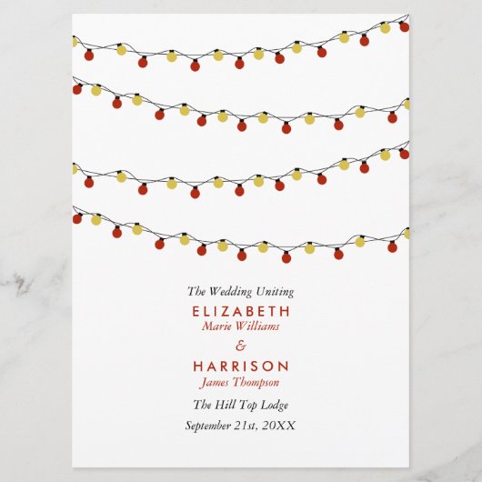Modern String Lights, Red & Gold Wedding Programmakaart (Voorkant)