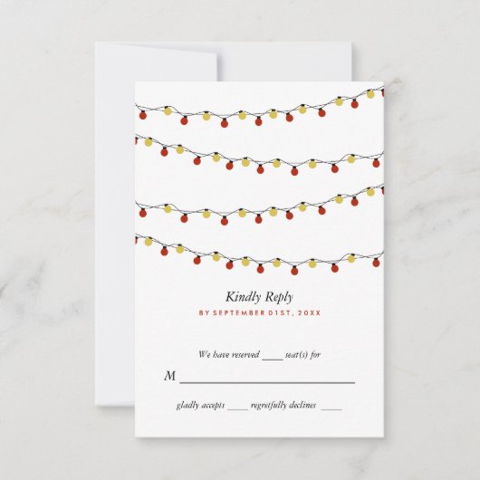 Modern String Lights, Red & Gold Wedding RSVP Kaartje (Voorkant)