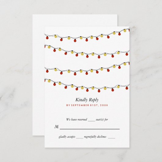 Modern String Lights, Red & Gold Wedding RSVP Kaartje (Voorkant / Achterkant)