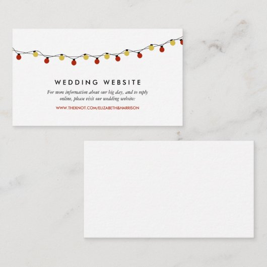 Modern String Lights, Red & Gold Wedding Website Informatiekaartje (Voorkant / Achterkant)