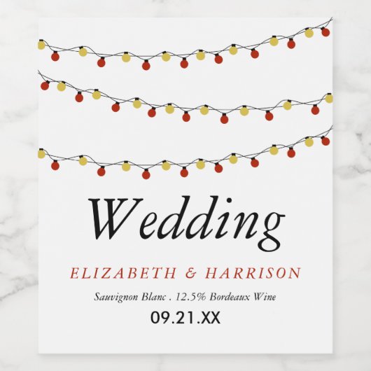 Modern String Lights, Red & Gold Wedding Wijn Etiket (Enkel label)