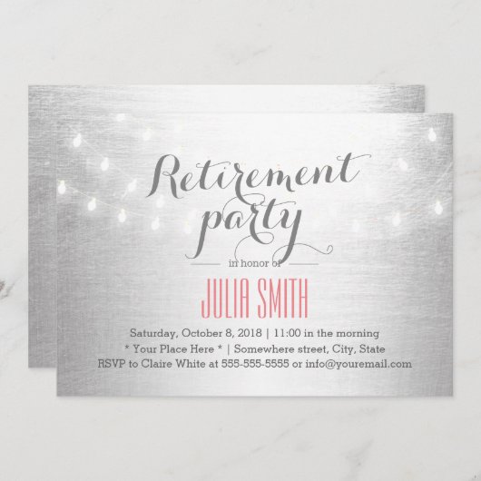 Modern String Lights Silver Retirement Party Kaart (Voorkant / Achterkant)