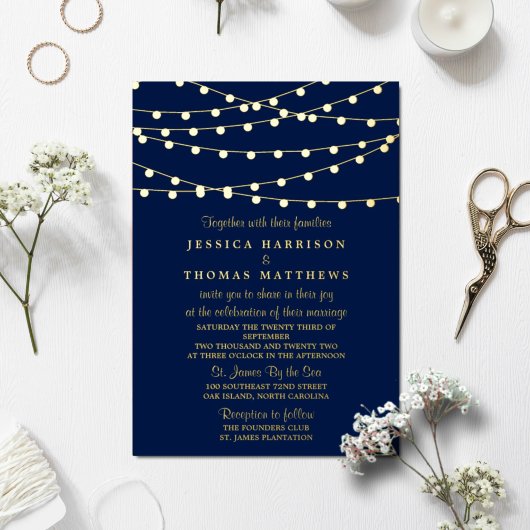 Modern String Lights Wedding Real Folie Uitnodiging