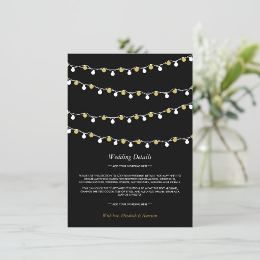 Modern String Lights, White & Gold Wedding Detail Informatiekaartje (Staand voorkant)