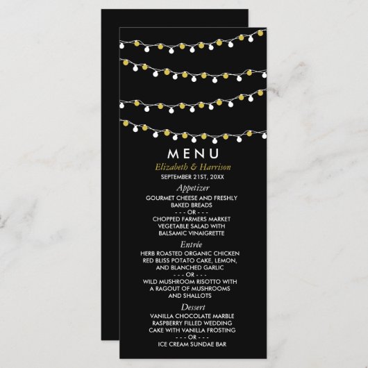 Modern String Lights, White & Gold Wedding Menu (Voorkant / Achterkant)