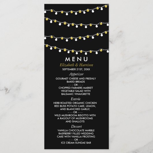 Modern String Lights, White & Gold Wedding Menu (Voorkant)