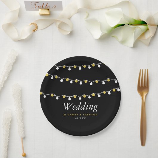 Modern String Lights, White & Gold Wedding Papieren Bordje (Huwelijk)