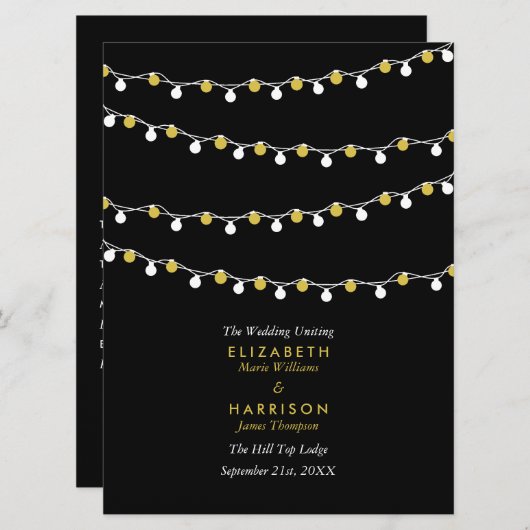 Modern String Lights, White & Gold Wedding Programmakaart (Voorkant / Achterkant)