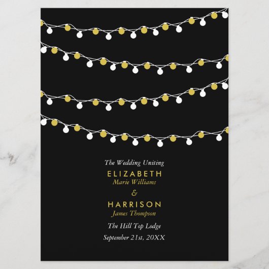 Modern String Lights, White & Gold Wedding Programmakaart (Voorkant)