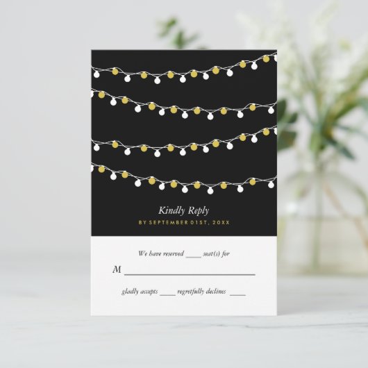 Modern String Lights, White & Gold Wedding RSVP Kaartje (Staand voorkant)