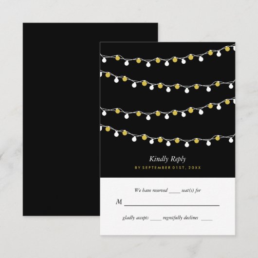 Modern String Lights, White & Gold Wedding RSVP Kaartje (Voorkant / Achterkant)