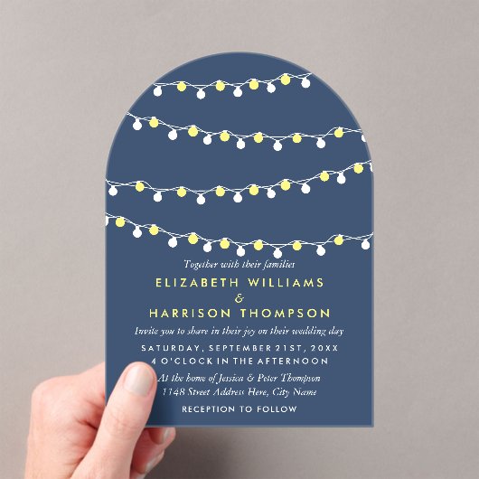 Modern String Lights, Yellow & White Wedding Acryl Uitnodigingen (Insitu (Draagbaar))