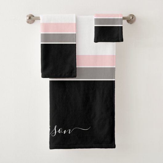 Modern Stripe Black Pink Grey Monogram Bad Handdoek (Insitu)