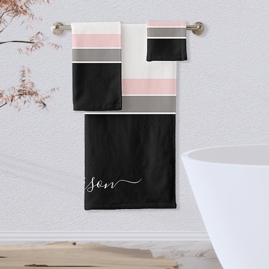 Modern Stripe Black Pink Grey Monogram Bad Handdoek