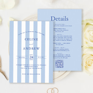 Modern Stripe Bord Blue Wedding Details QR Code & Kaart