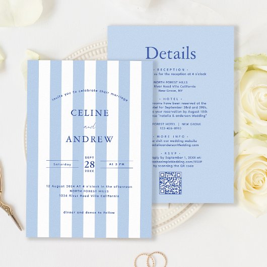 Modern Stripe Bord Blue Wedding Details QR Code & Kaart
