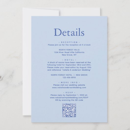 Modern Stripe Bord Blue Wedding Details QR Code & Kaart (Achterkant)