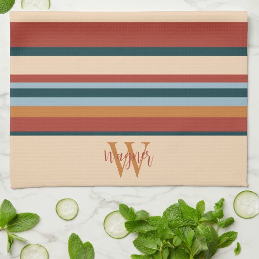 Modern Stripe Custom Monogram Initiaal Naam Theedoek (Gevouwen)