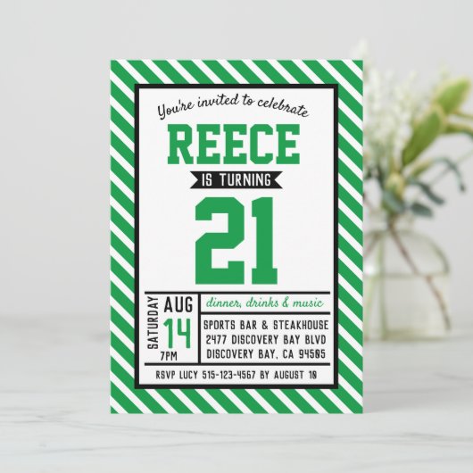 Modern Stripe Green Man 21e Verjaardag Kaart (Staand voorkant)