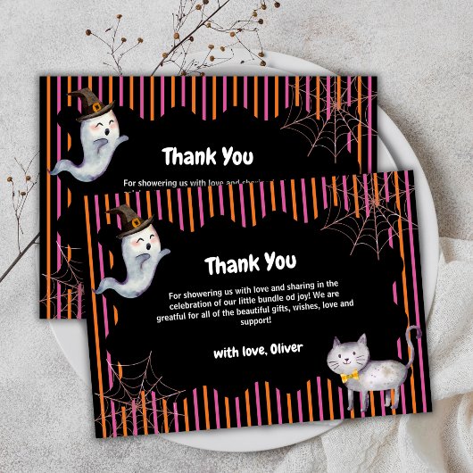 Modern Stripe Little Boo Ghost Cat Baby shower Bedankkaart
